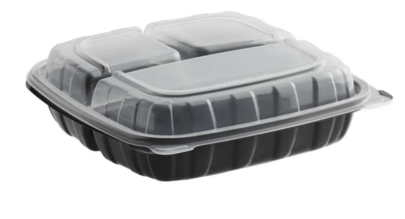 INNO-PAK PLASTIC HINGED CONT- BLACK 3-COMP 9X9X2.7